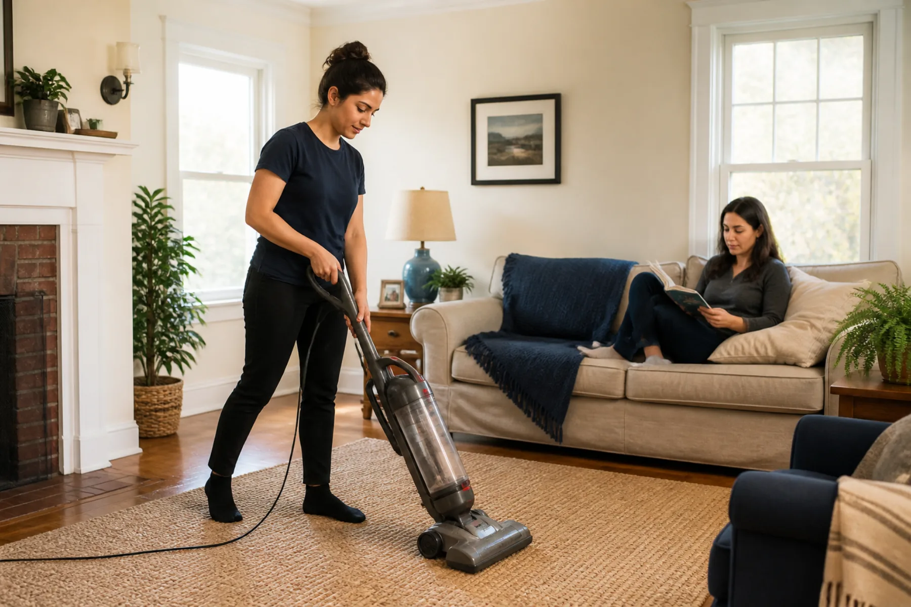 Professional vacuuming a rug in a comfortable living room