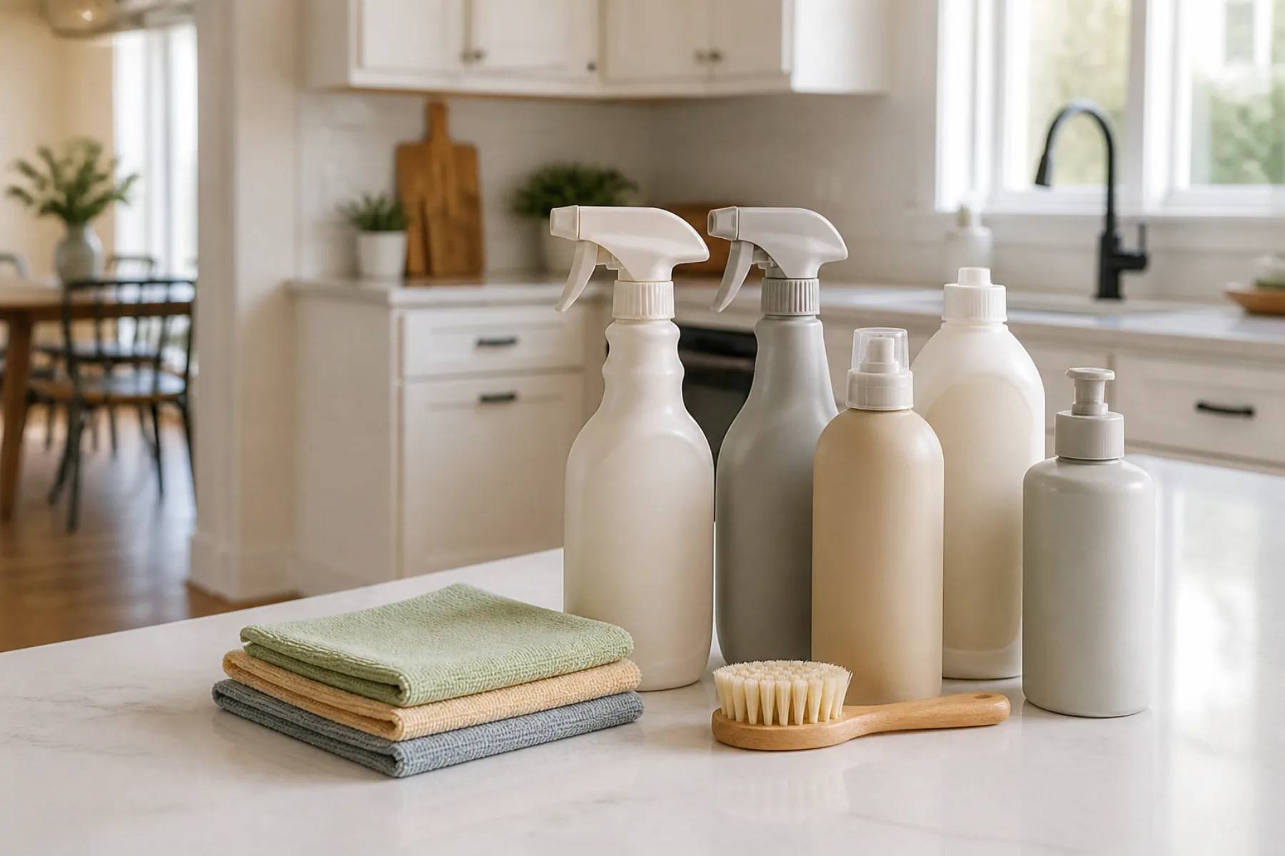 Organized household cleaning supplies and microfiber cloths on a kitchen counter