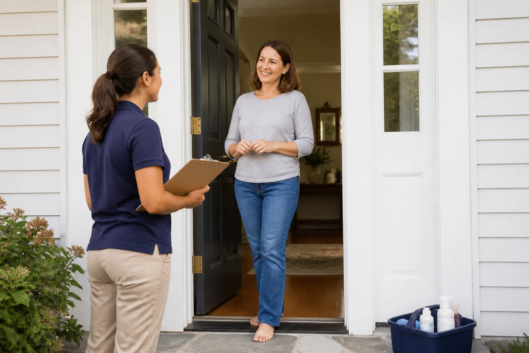 Homeowner discussing cleaning priorities with a professional at the front door
