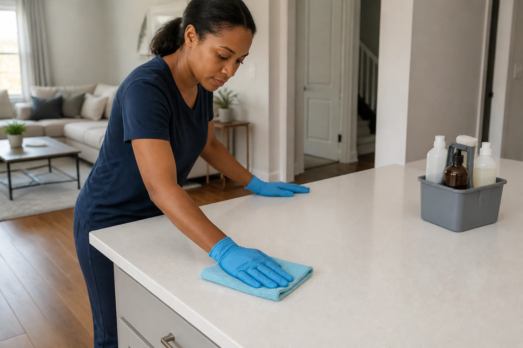 Professional cleaner wiping a kitchen countertop with a microfiber cloth