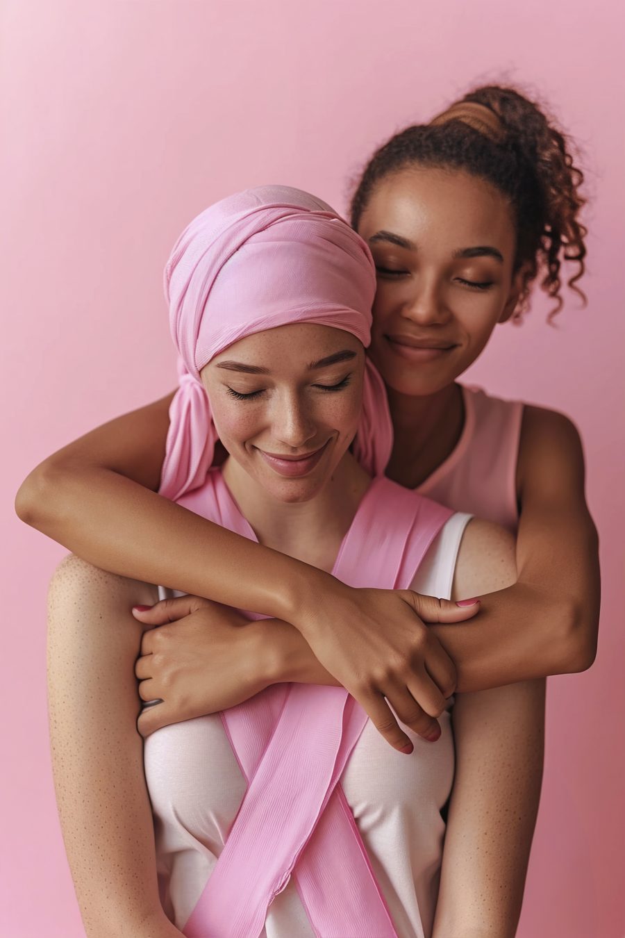 A woman in a headscarf holding a pink awareness ribbon