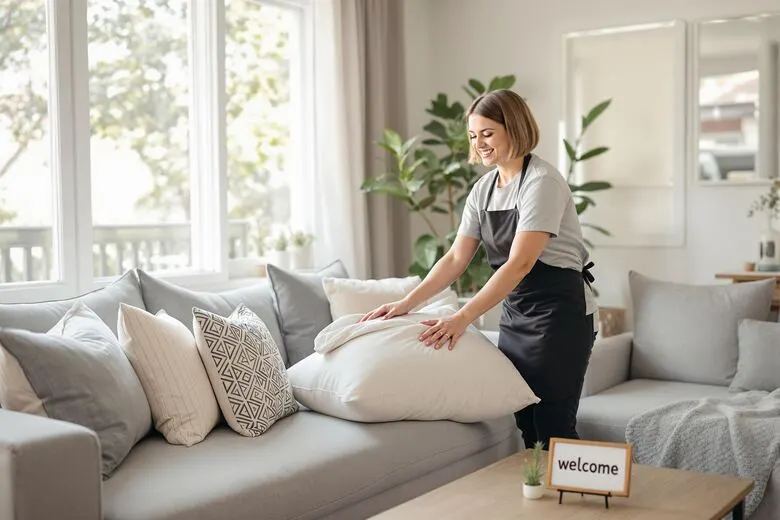 Cleaner arranging pillows on a sofa in a bright living room