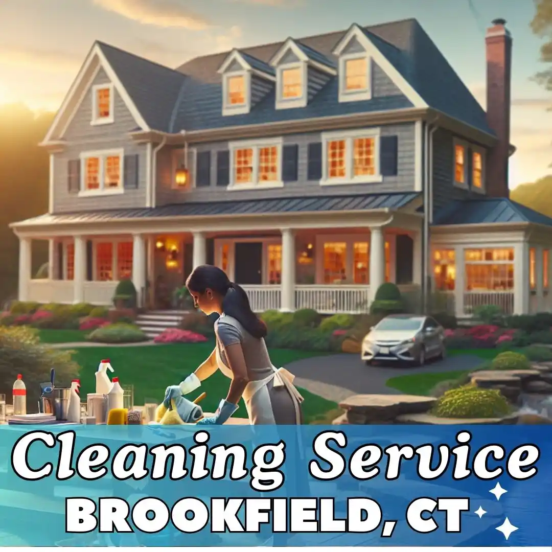 A cleaning woman a beutiful house in the background and a message Cleaning Service brookfield