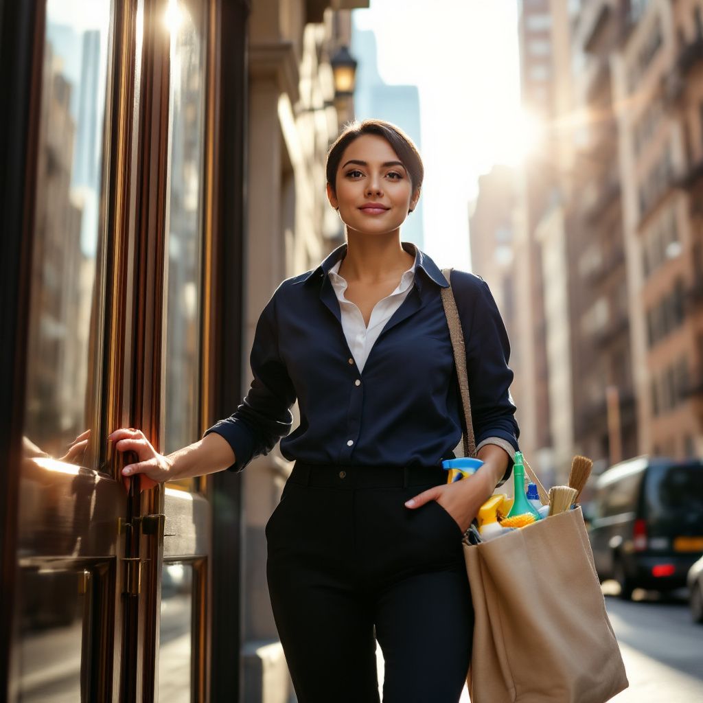 A cleaning woman and a background from NYC