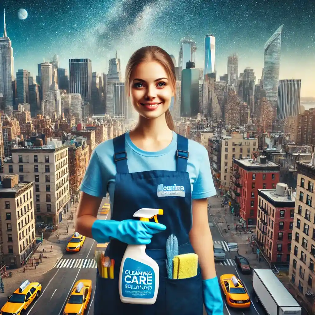 A happy house cleaning woman in a blue uniform with the logo of 'Cleaning Care Solutions,' standing in the background of New York City. The scene includes iconic NYC elements such as tall skyscrapers, busy streets, and yellow taxis. The woman is smiling, holding cleaning supplies, and looks professional and approachable.