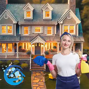 A close-up photo of a house in the background and a house cleaning woman