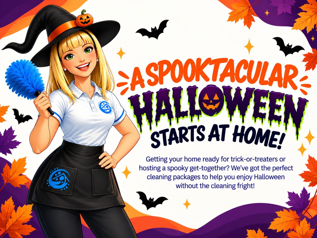 Illustrated Cleaning Care Solutions cleaner in a witch hat holding a blue duster beside the words A Spooktacular Halloween Starts at Home