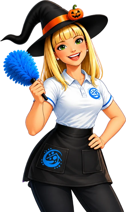 Cleaning Care Solutions mascot in a witch hat holding a blue duster