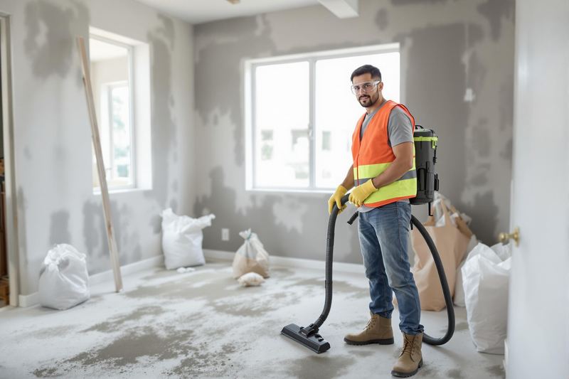 Vacuuming construction dust in a room under renovation