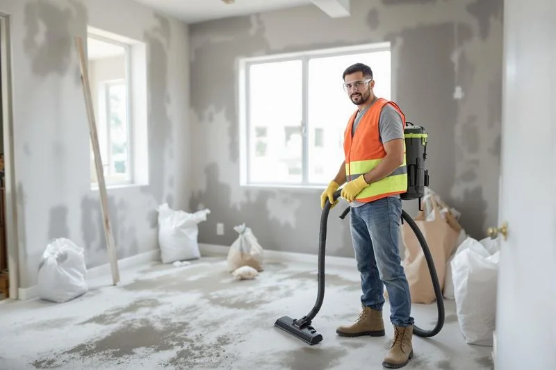 Vacuuming construction dust in a room under renovation